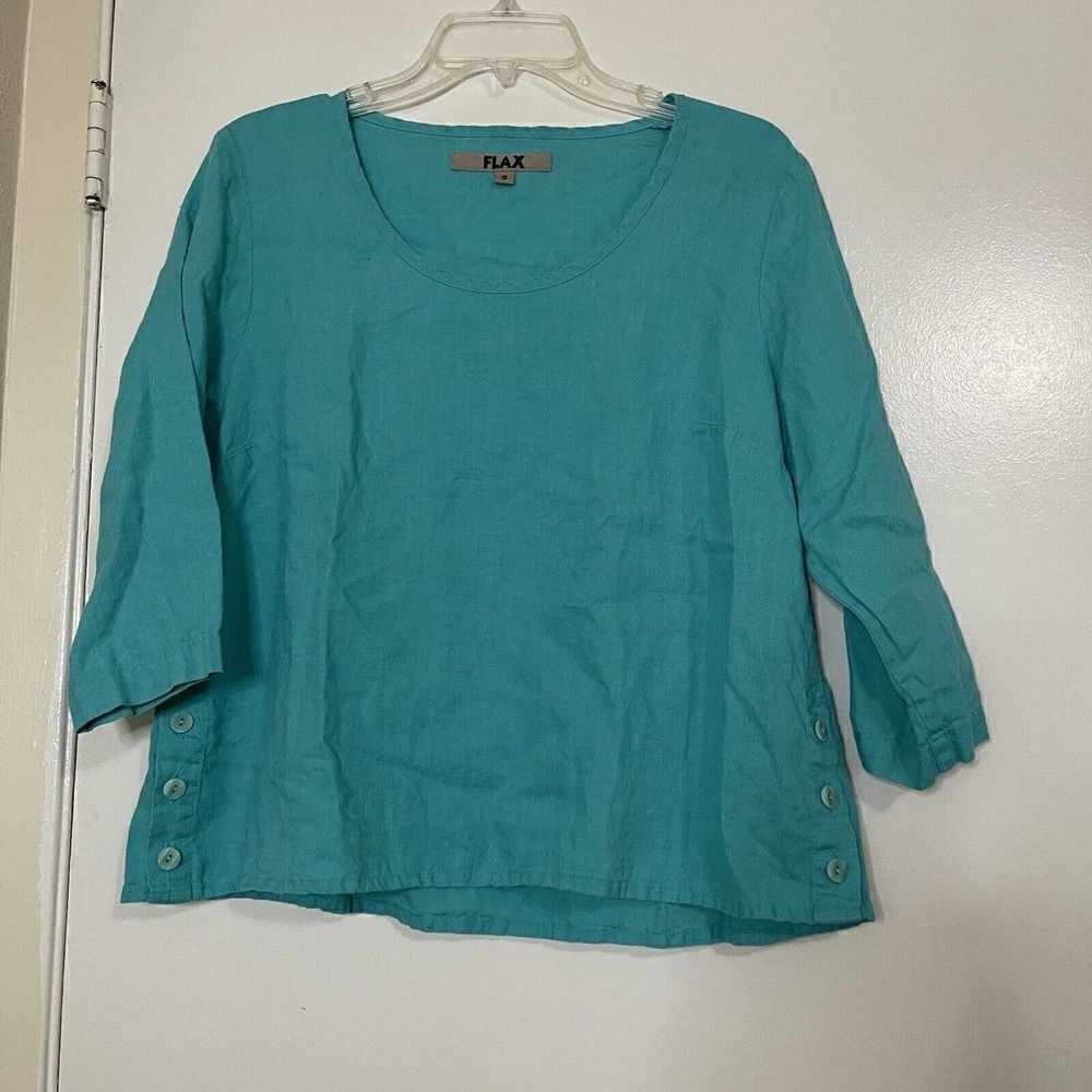 FLAX Turquoise Blue knit Linen side button Long sleeve top size SMALL